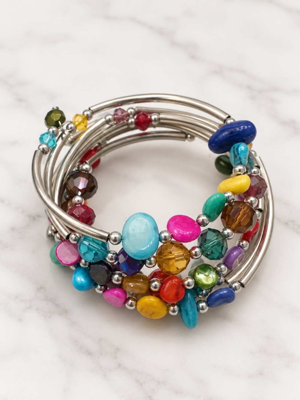 Multicolor Beaded Coil Wrap Bracelet Silver Tone Statement